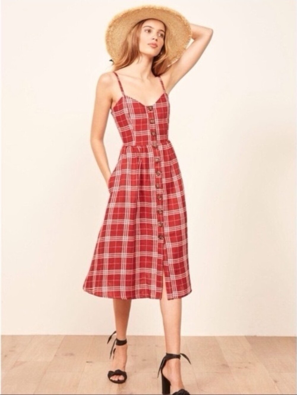 NWT Reformation Thelma Linen Midi Dress Red Plaid Button Front Cottagecore Sz 12
